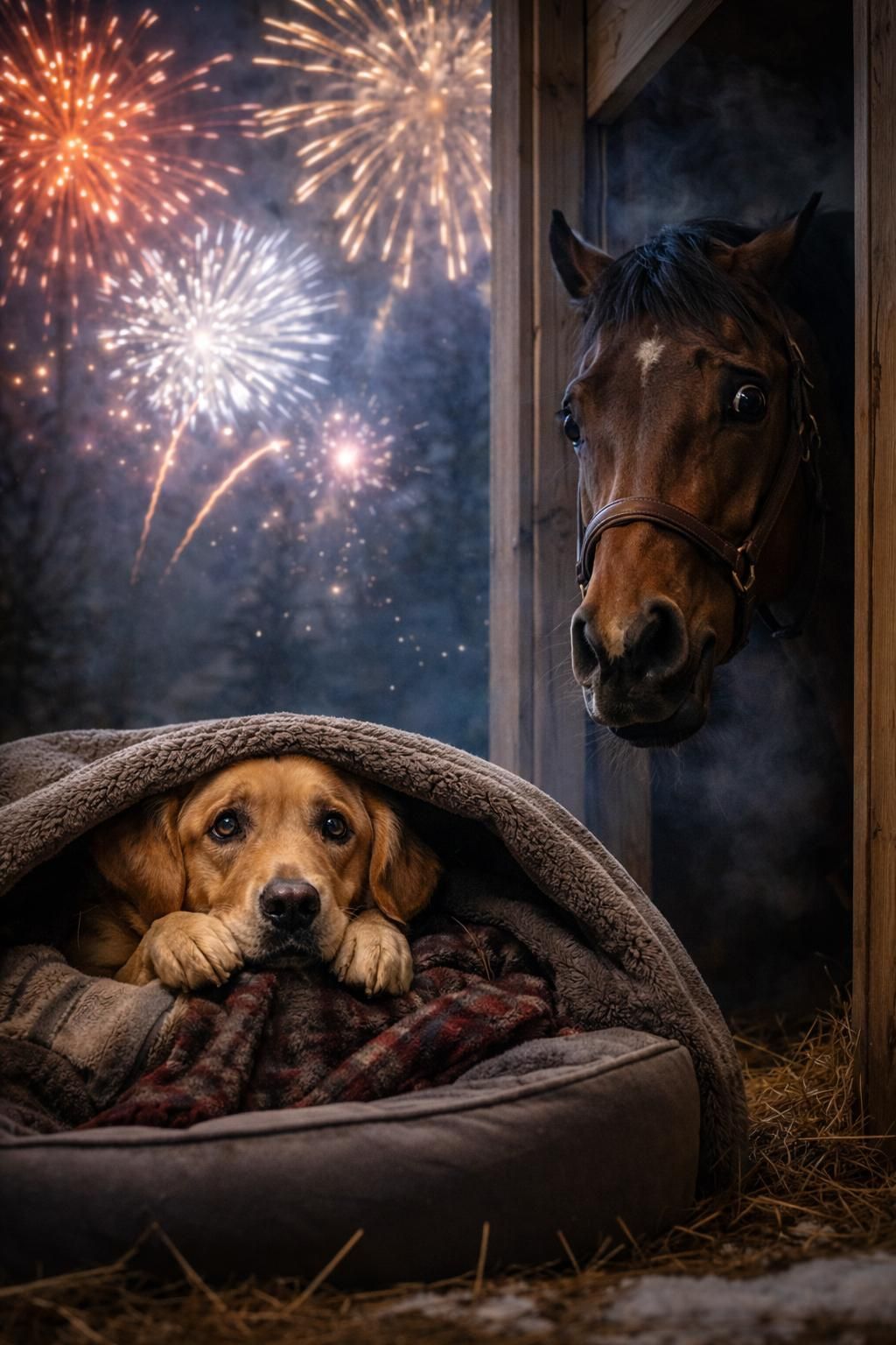 Ein Hund und ein Pferd, die Angst vor dem Feuerwerk im Hintergrund haben - Das ist ein KI Bild
