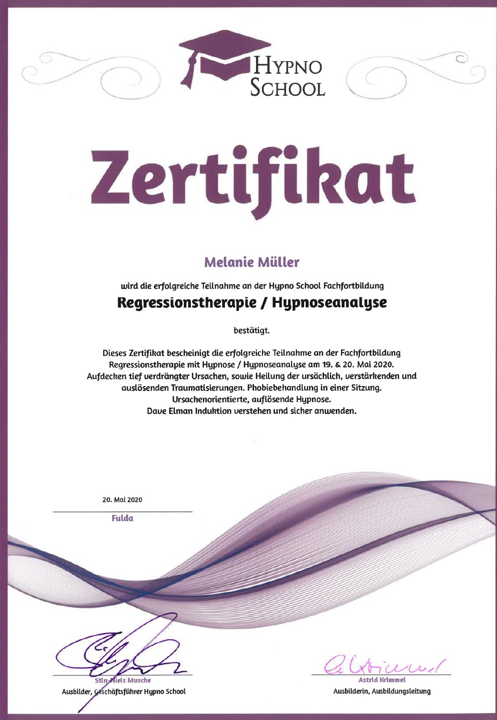 Zertifikat Regressionstherapie/Hypnoseanalyse Zertifikat Regressionstherapie/Hypnoseanalyse