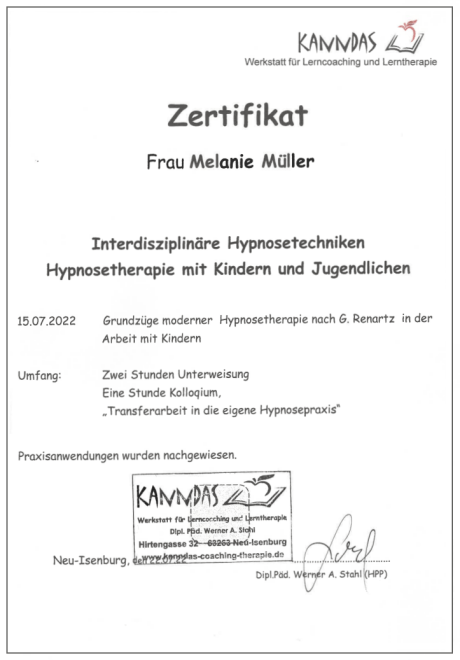 Zertifikat Hypnose Kinder und Jugendliche Zertifikat Hypnose Kinder und Jugendliche
