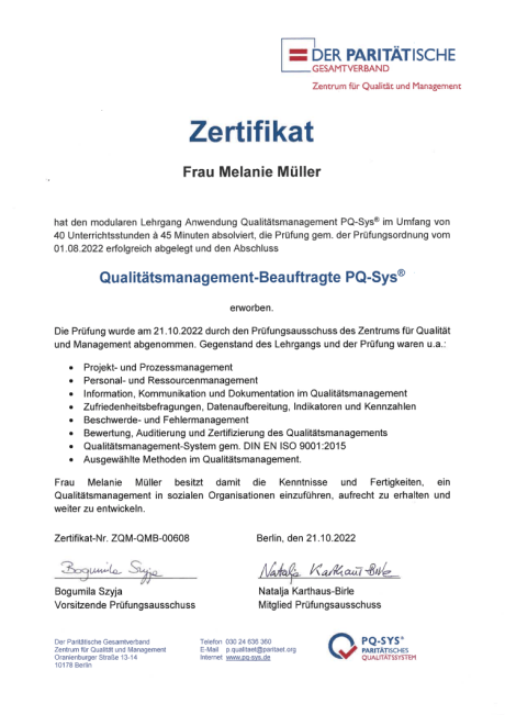 Zertifikat Qualitätsmanagement-Beauftragte Zertifikat Qualitätsmanagement-Beauftragte
