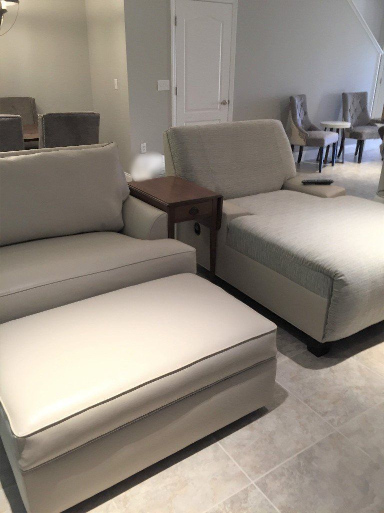 Same three pieces recovered in sleek ivory faux leather and stiped chenille.