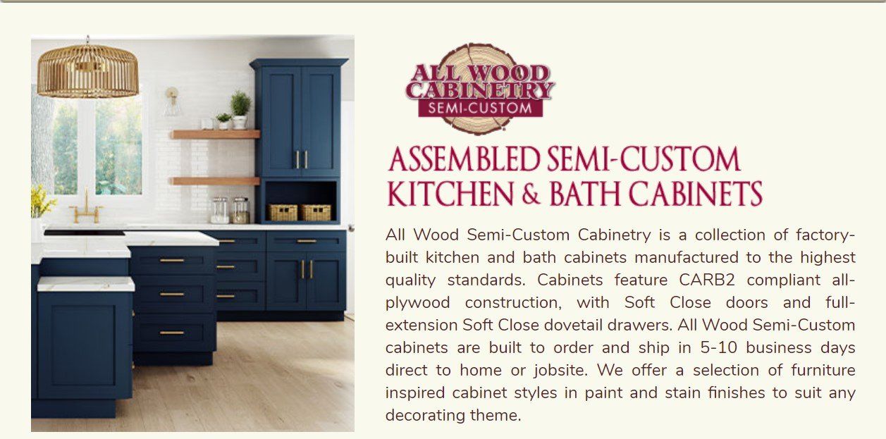 Information about Ideal Cabinetry including plywood construction, full extension drawers and quick ship options.