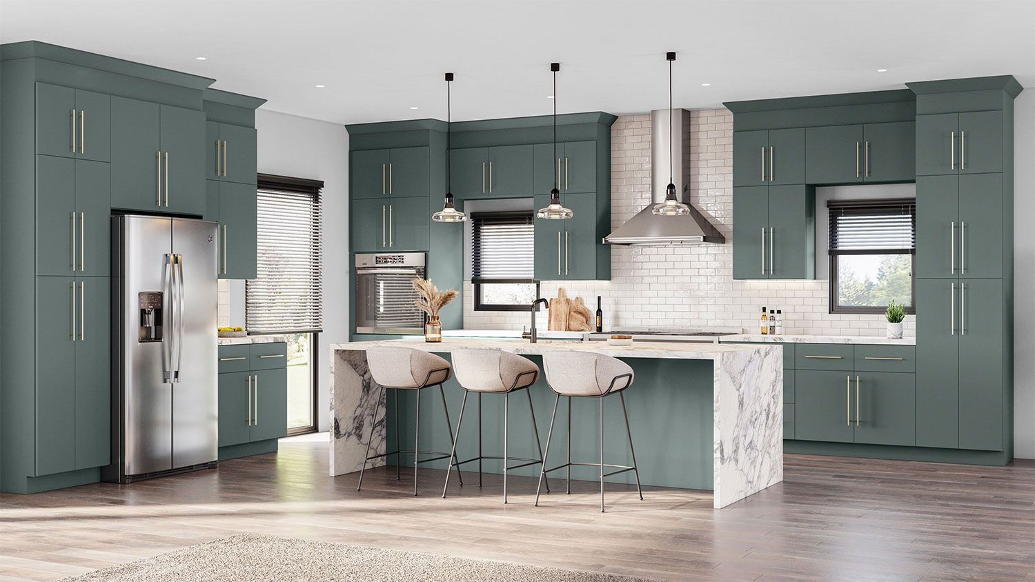 Flat panel green cabinetry with a white countertop in a kitchen.