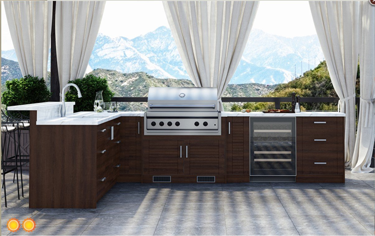 Outdoor kitchen in dark, wood-look cabinetry.