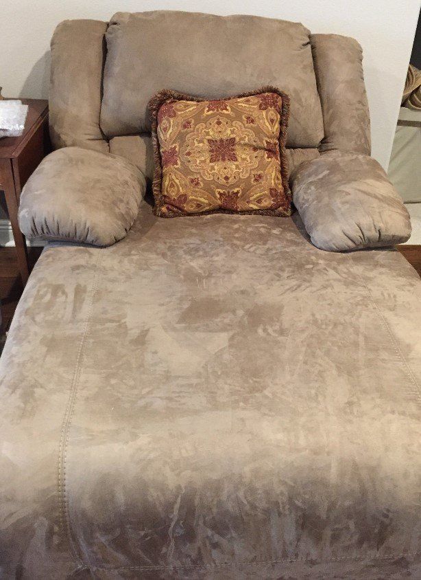 Original chaise in beige with overstuffed arms.