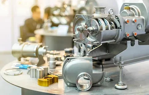 Componentes mecánicos de precisión y bomba industrial mecanizada sobre banco de trabajo en entorno de fabricación industrial.