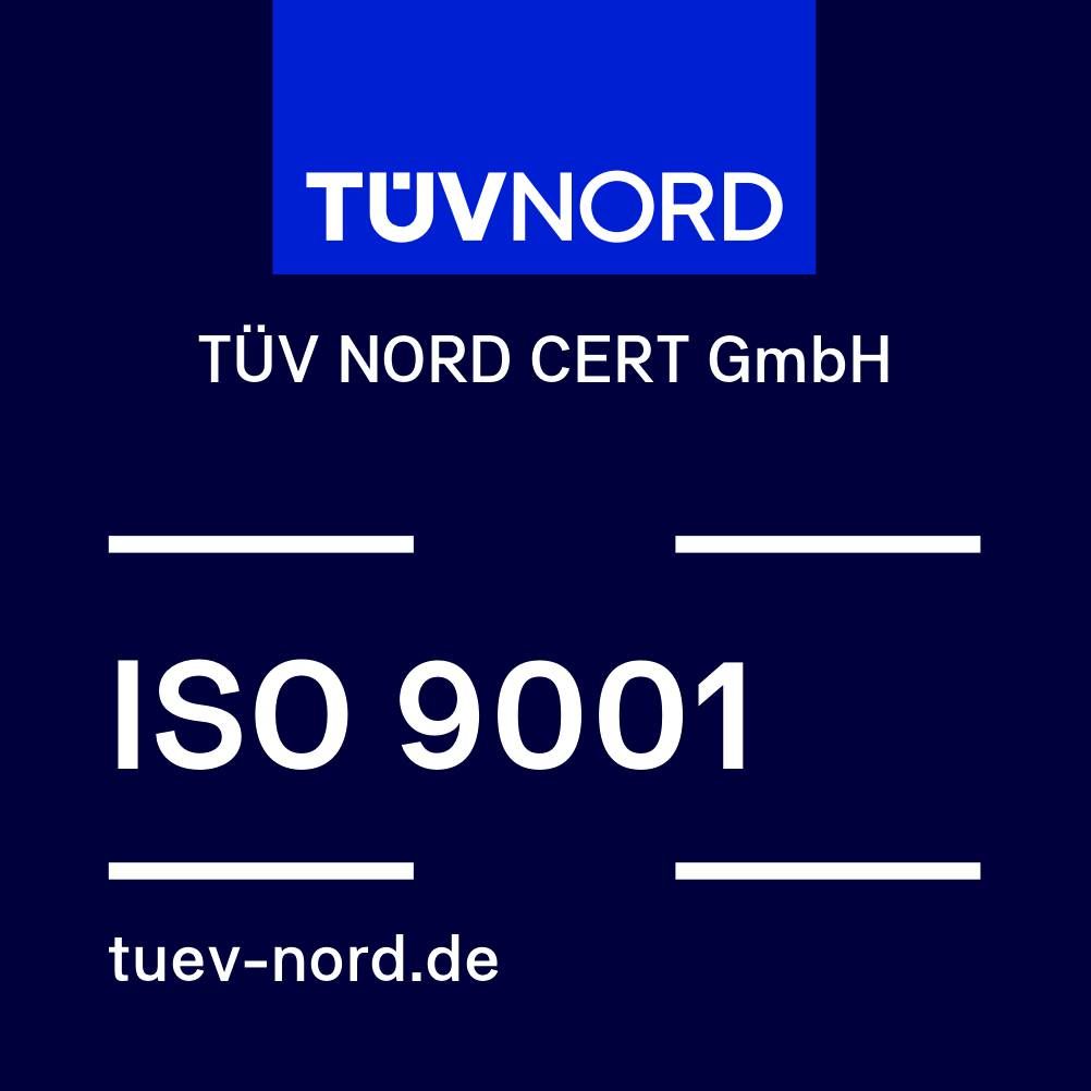 Certificación ISO 9001 de TÜV NORD que acredita el sistema de gestión de calidad conforme a estándares internacionales.