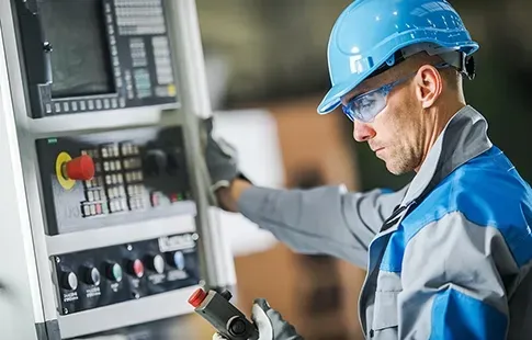 Operario especializado manejando el panel de control de un centro de mecanizado CNC de gran formato en entorno industrial.