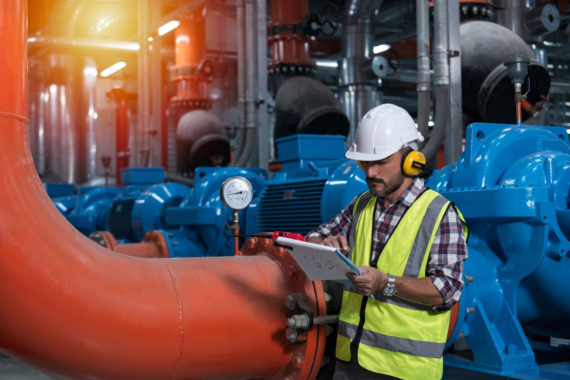 Técnico industrial realizando inspección y control de una bomba centrífuga en instalación industrial con tuberías y sistemas de presión.