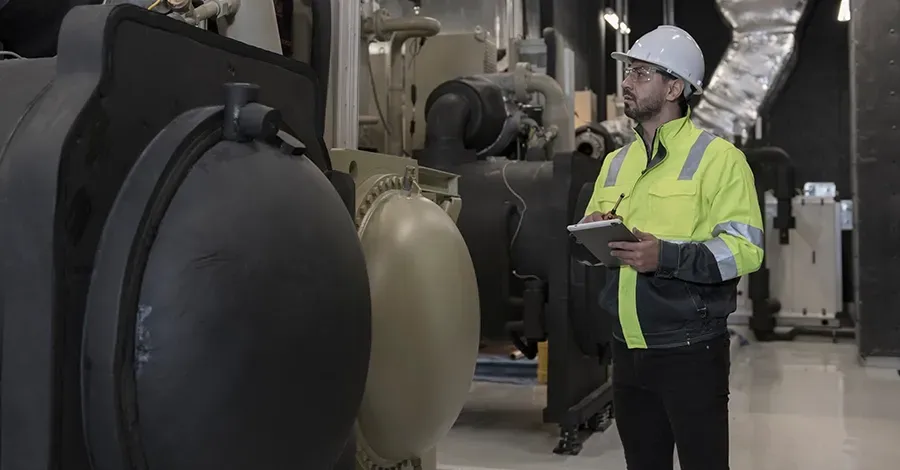 Técnico industrial con equipo de seguridad realizando inspección y control de maquinaria en planta industrial. Sistema de bombas de impulsión industriales con motores eléctricos, válvulas y tuberías en planta de procesos.