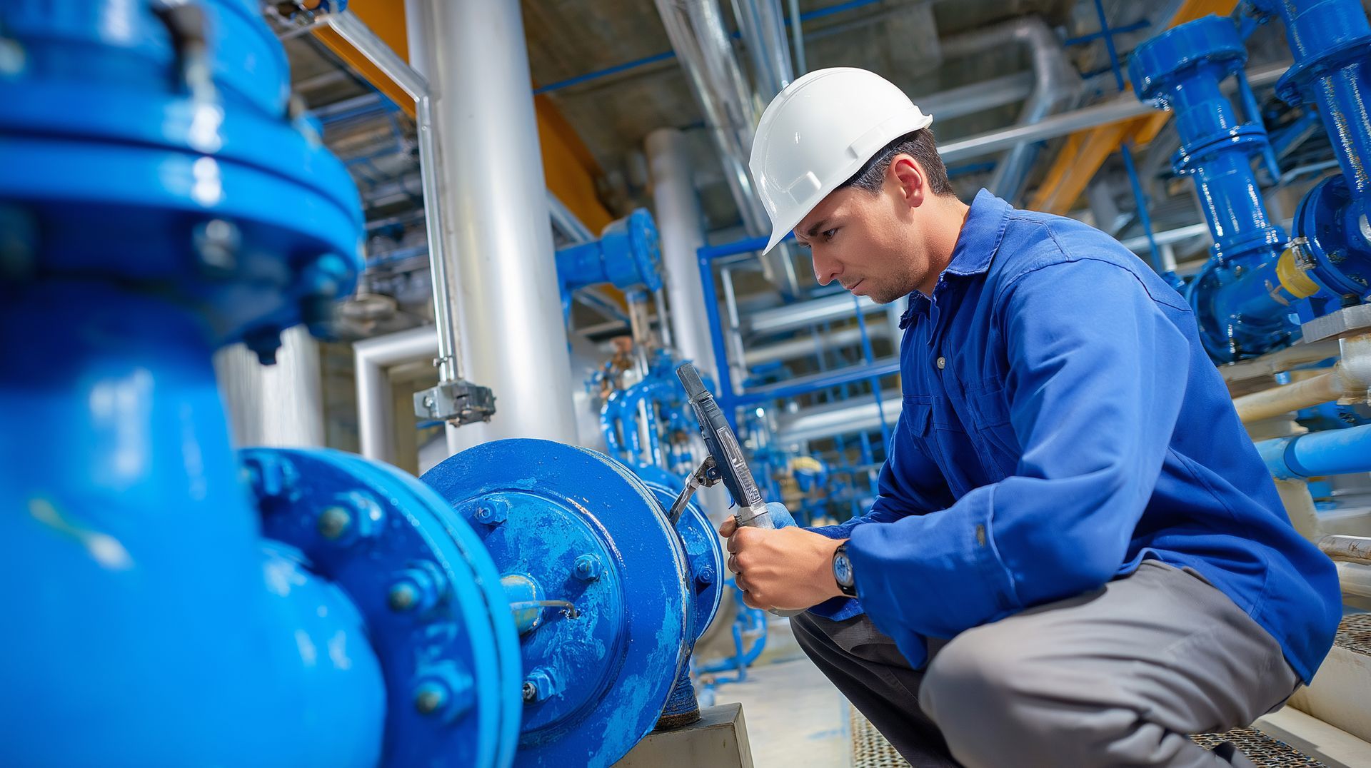 Técnico industrial realizando mantenimiento y ajuste de bomba de impulsión en instalación industrial de tuberías y sistemas hidráulicos.