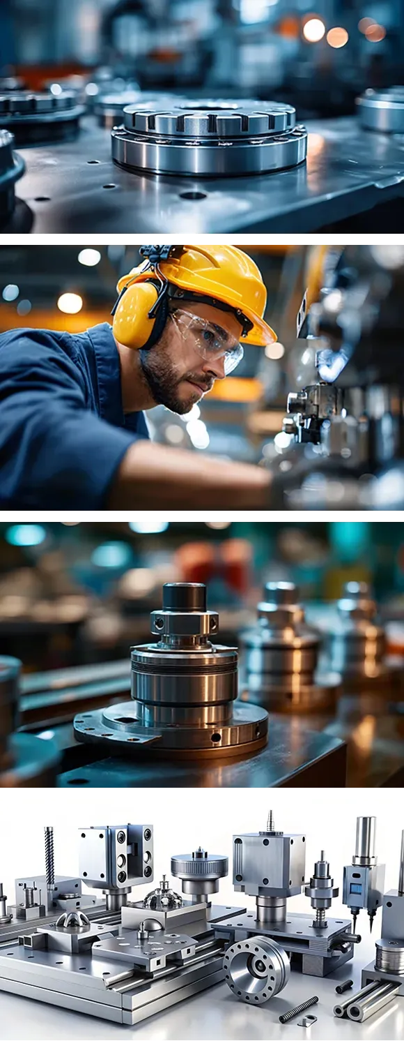 Componente metálico mecanizado de alta precisión sobre mesa de trabajo en planta industrial de fabricación.