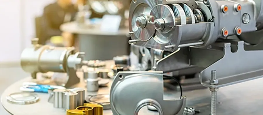 Componentes mecánicos de precisión y bomba industrial mecanizada sobre banco de trabajo en entorno de fabricación industrial.