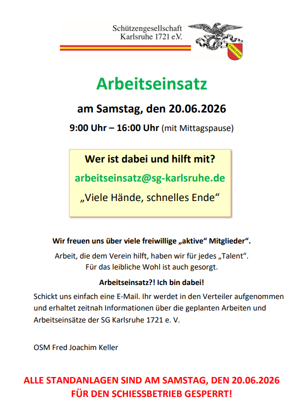 20.06.2026 Arbeitseinsatz-SG Karlsruhe 1721 e. V. 20.06.2026 Arbeitseinsatz-SG Karlsruhe 1721 e. V,
