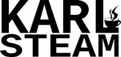 Karl Steam Logo. The words KARL STEAM with a steaming coffee cup image sitting on top of the L in KARL.