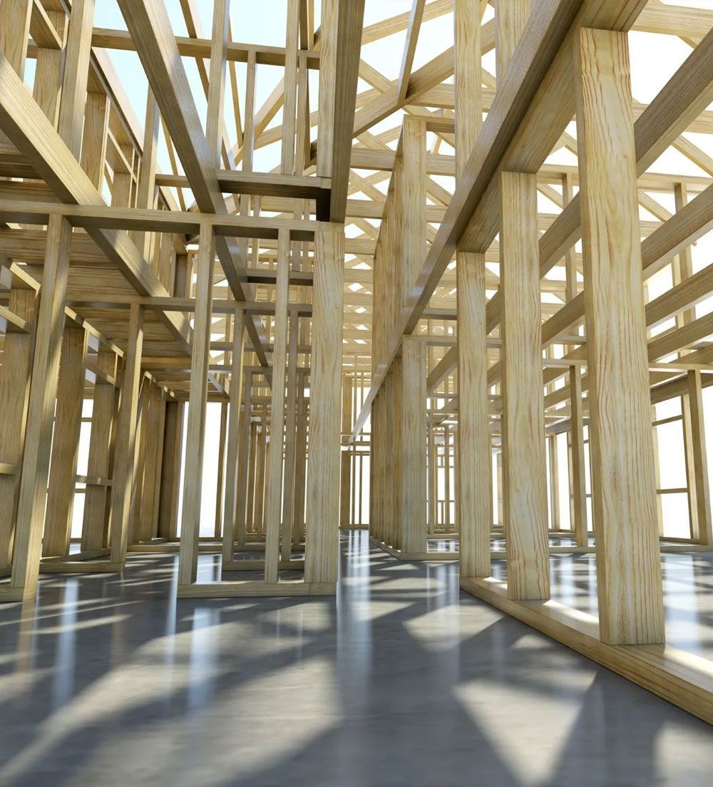 Ein Rohbau von einem Haus aus Holz von innen fotografiert