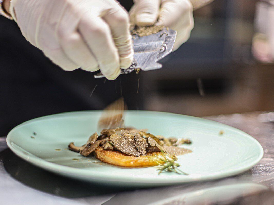 Trüffel über gebackenen Käse hobeln