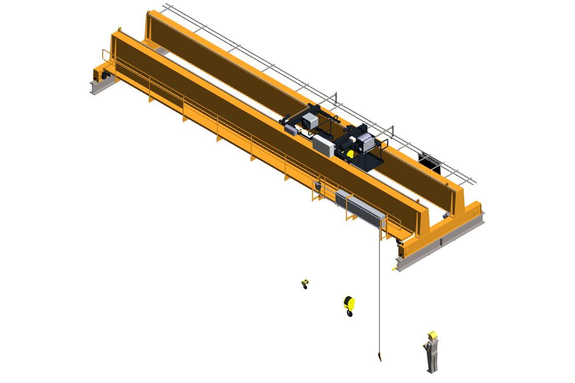 A 3d drawing of an overhead gantry crane, including pendant and hoist