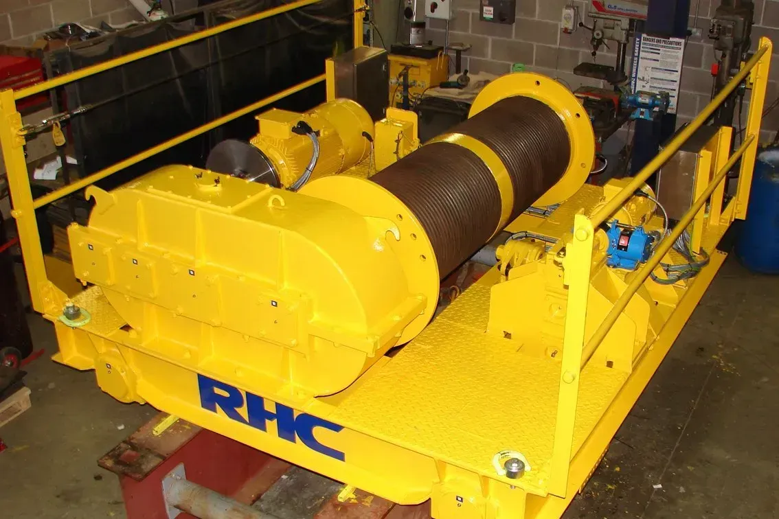 A hoist being refurbished and having new wire rope fitted