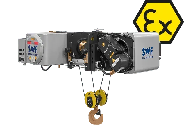 A image of an explosion proof (EX) wire rope hoist, with a yellow