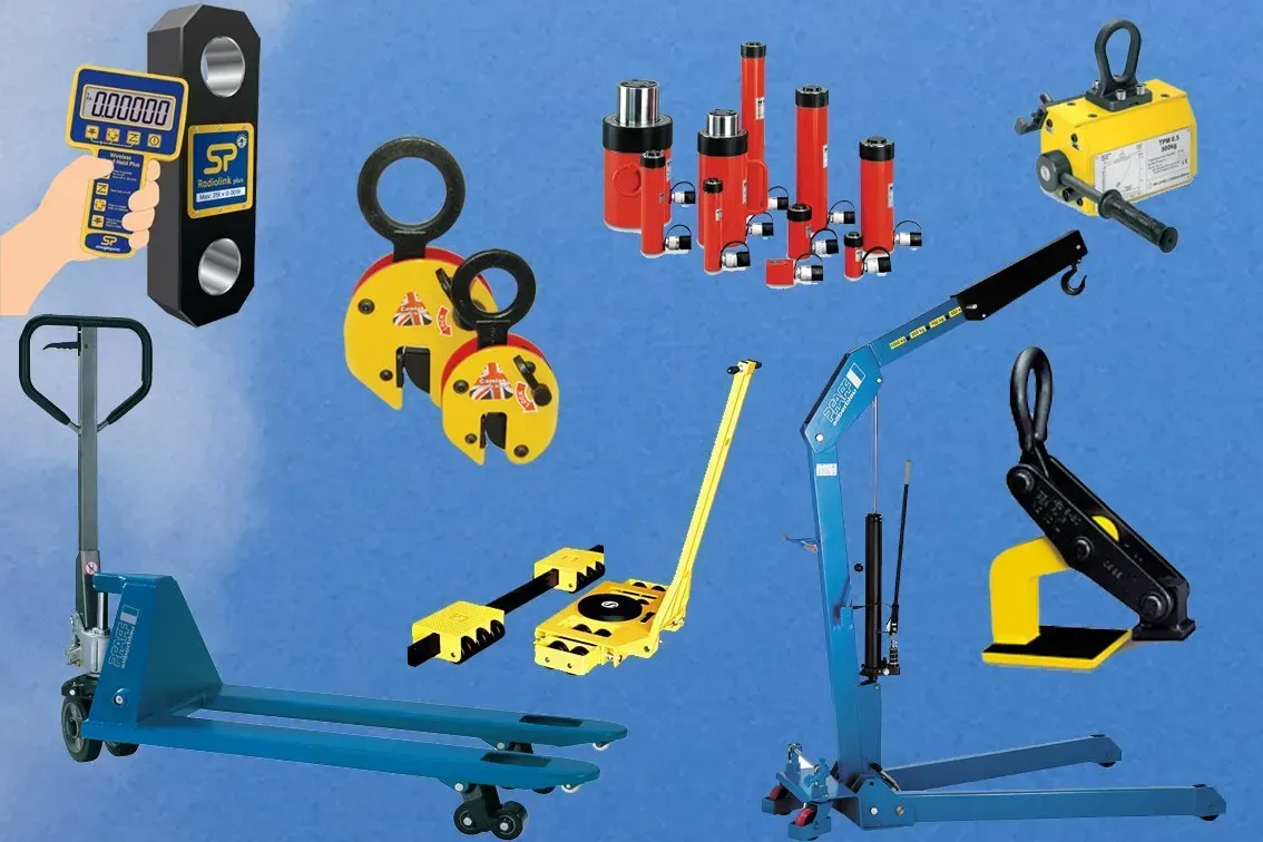 A selection of lifting equipment, such as pallet trucks and load cells