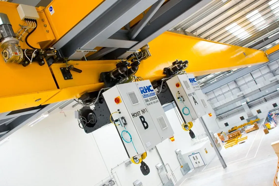 Close up of the hoists on a overhead gantry crane