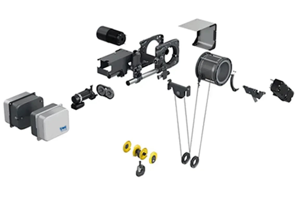 A dismantled graphic of an SWF hoist, showing all the different spare parts