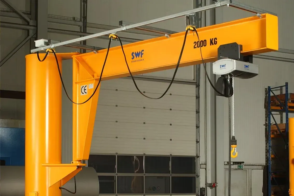 A 2t freestanding swing jib crane in yellow