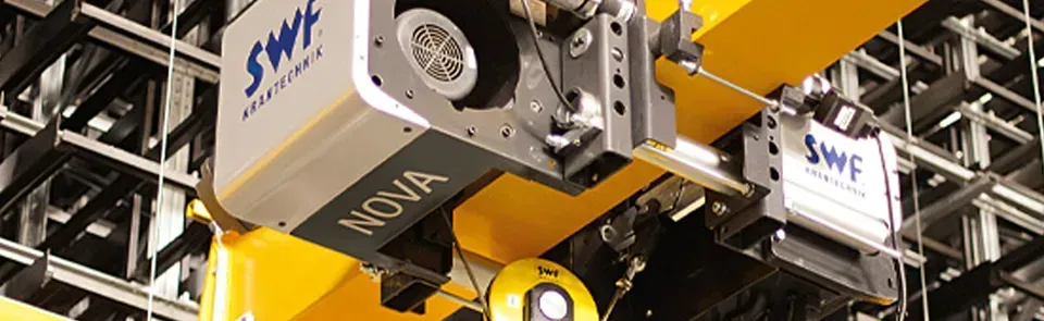 Close up of an SWF Krantechnik NOVA wire rope hoist