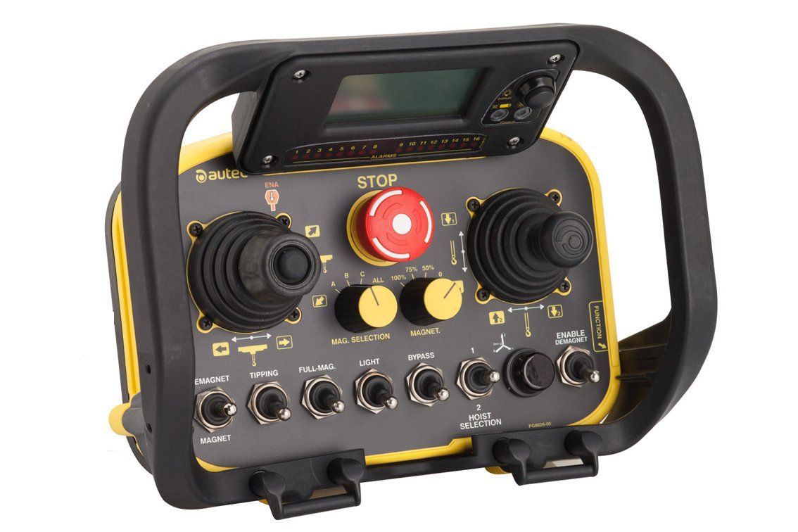 An AUTEC joystick remote with multiple switches and toggles