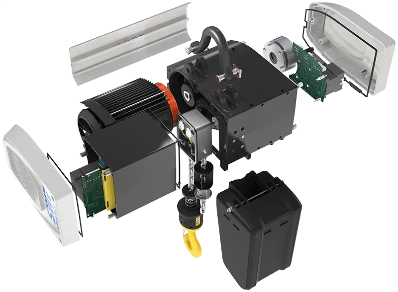 The inside of a chain hoist, with all parts disassembled