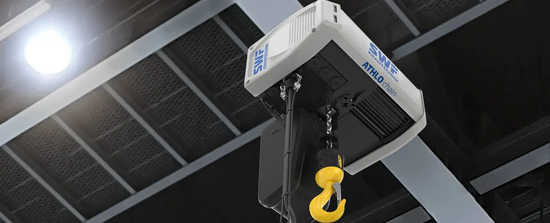 Image of an SWF Athlo chain hoist, taken from below the hook looking upwards