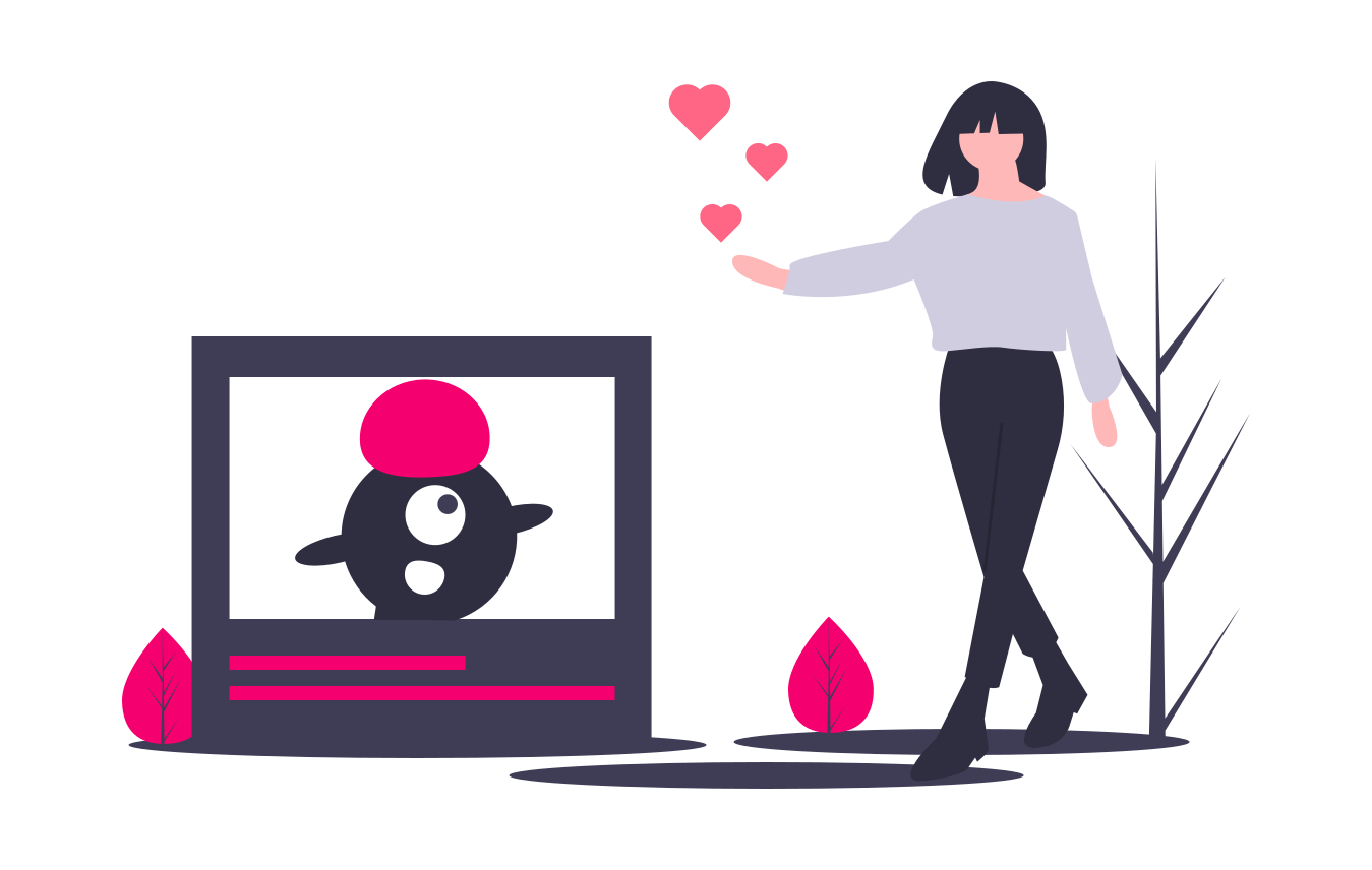 illustration de femme avec des coeurs et une petite television avec une petite creature dedans