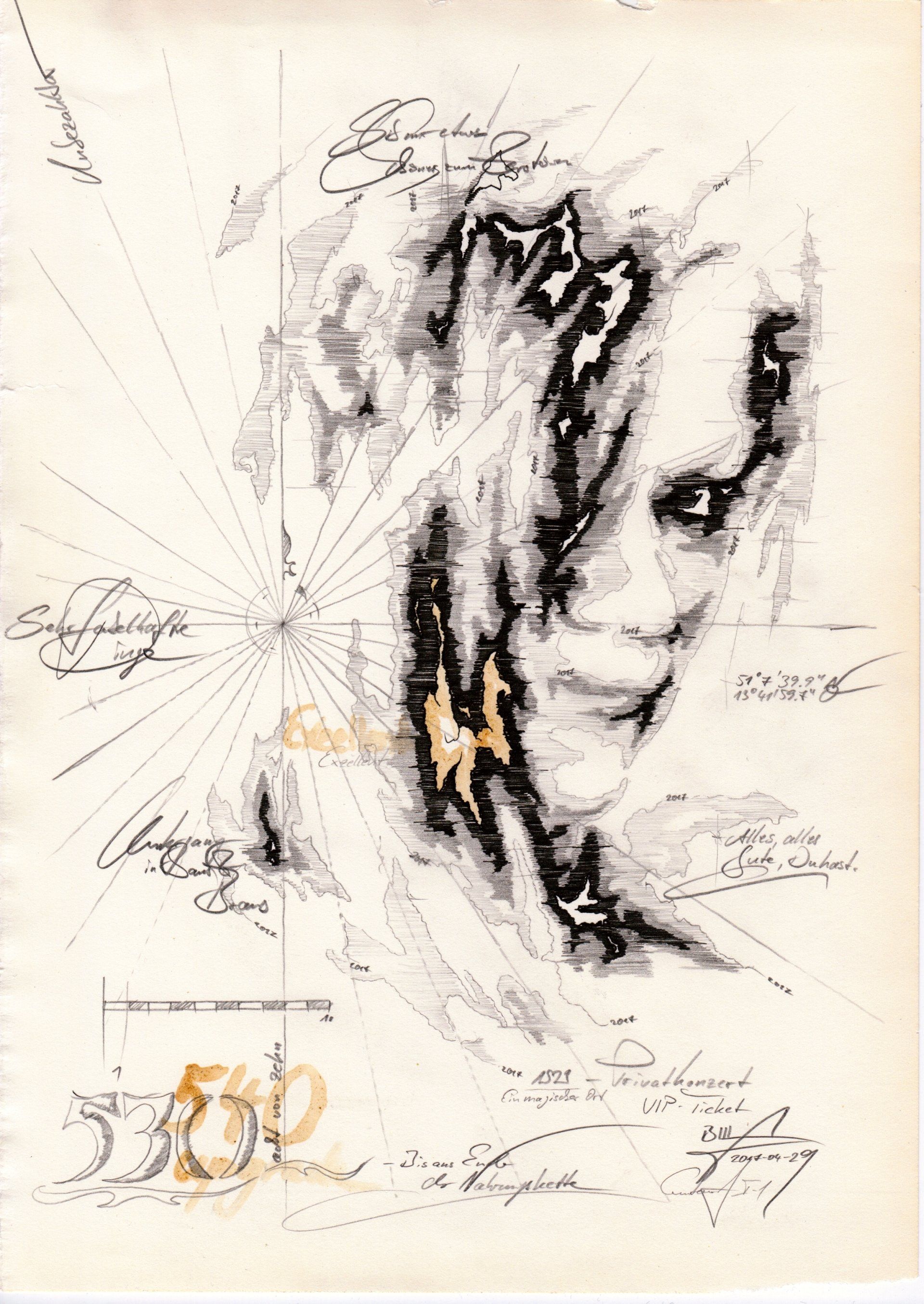 Zeichnung eine weiblichens Gesichtes als Seekarte in Tusche und Bleistift von Bill d'Amacha