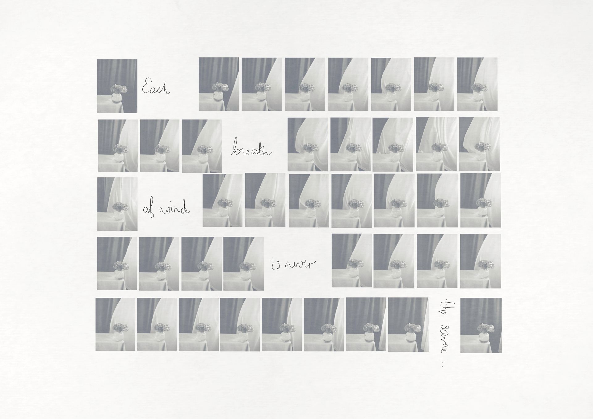 Traces of the Wind A grid of 40 images where a vase stands still, but the curtain behind it shifts with the wind. The sequence reveals fleeting traces of air, freezing invisible moments of time into visible form.
