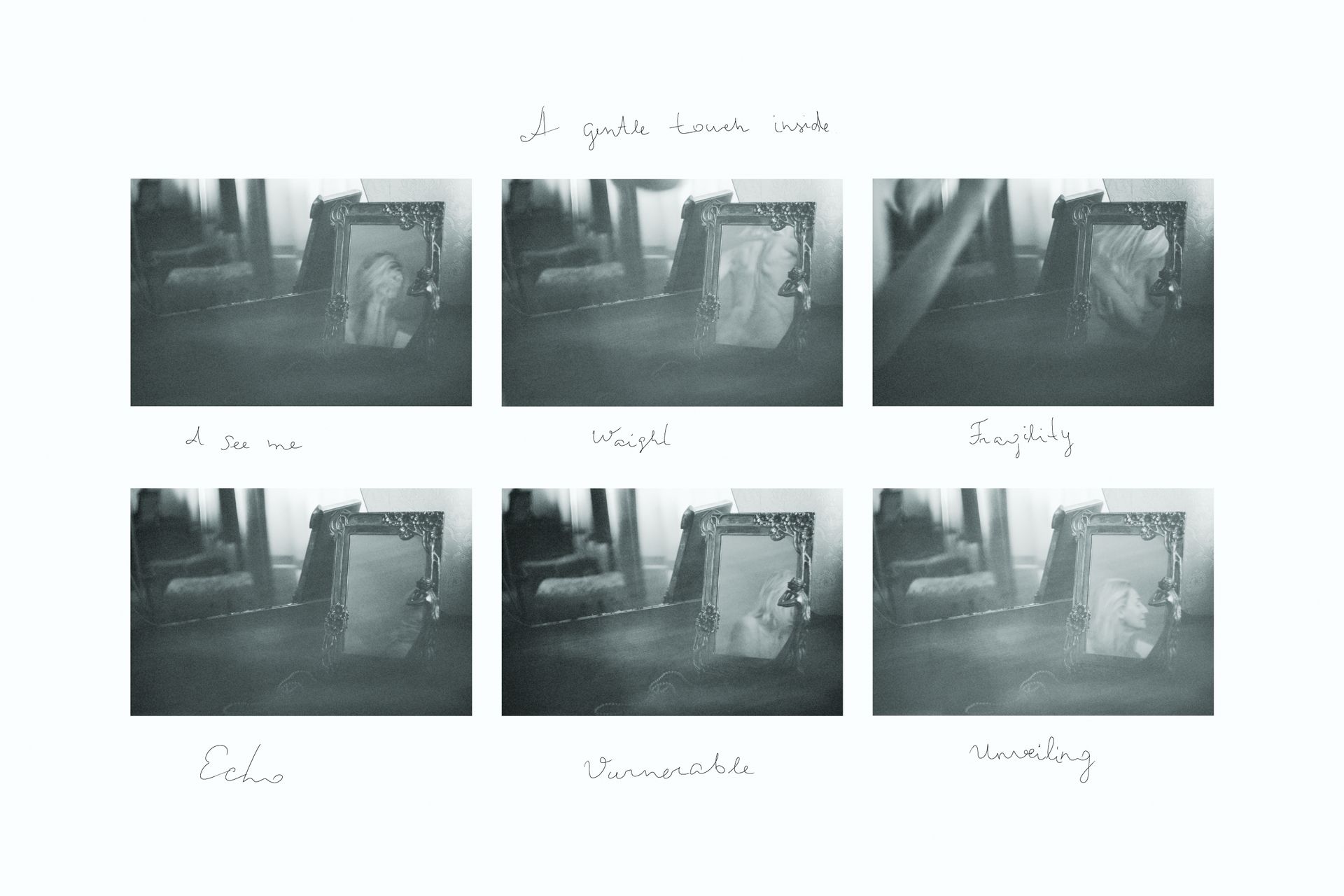 Self-portrait of a woman seen in a mirror. Her posture is soft and introspective.