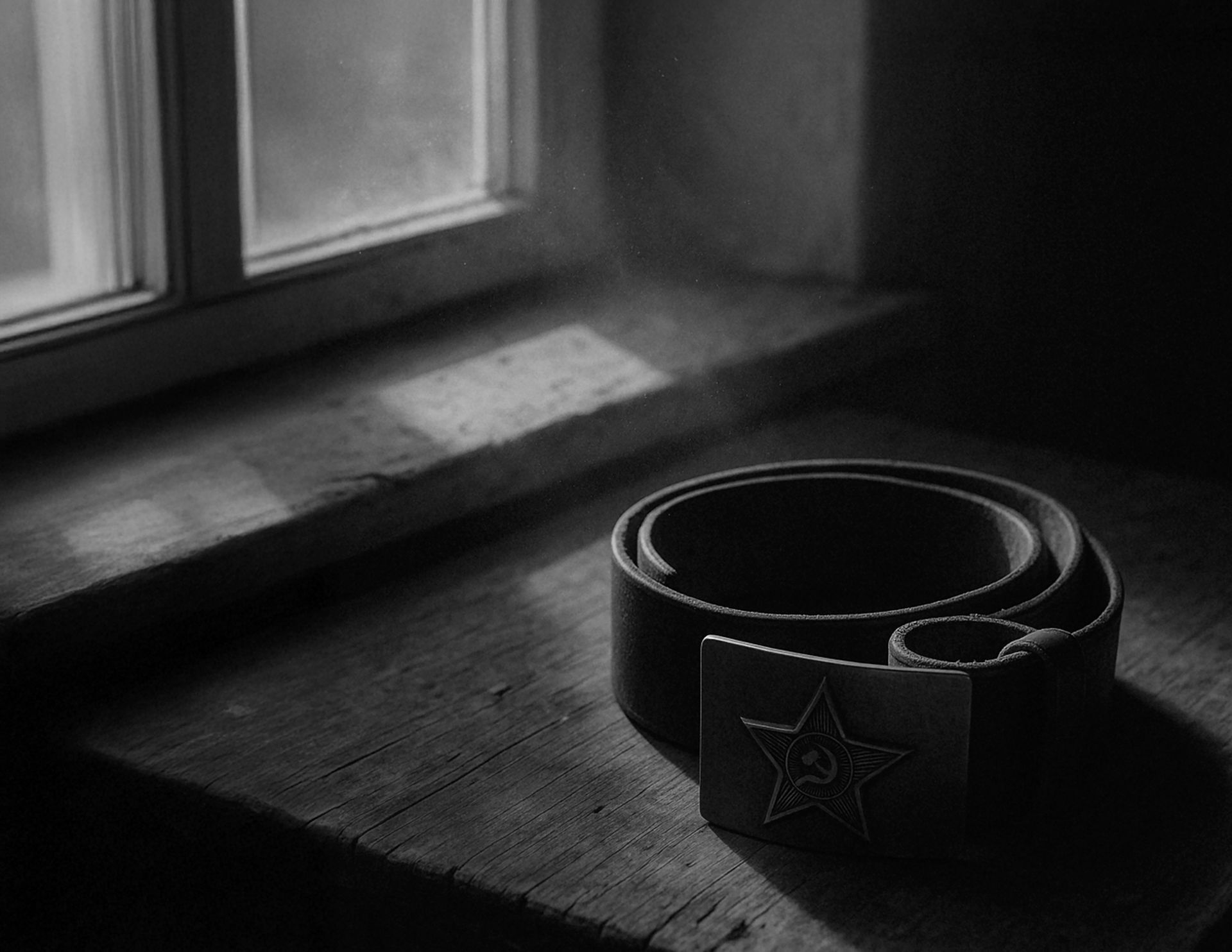 A worn Soviet military belt, nostalgic atmosphere and a sense of memory and loss.