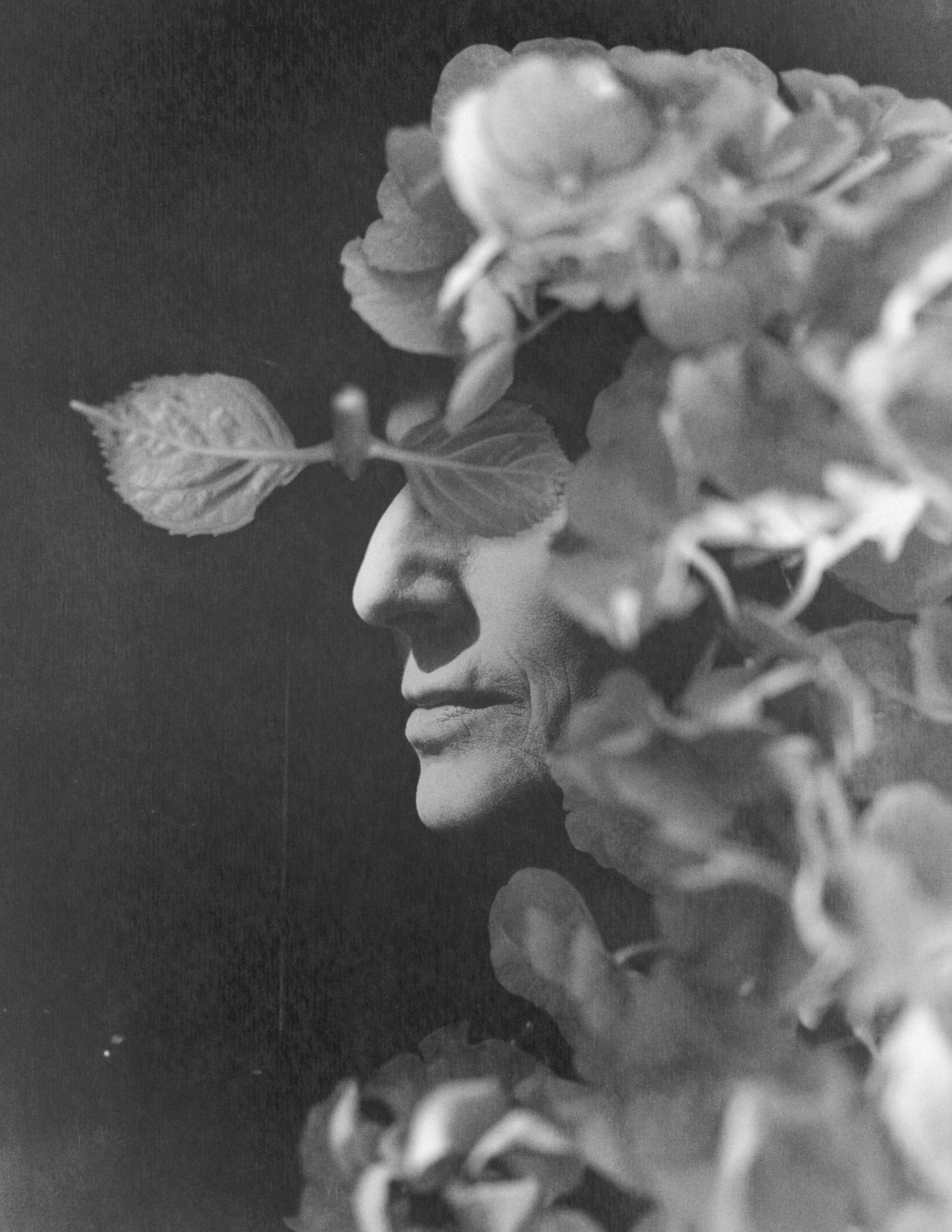 Mixed media photo: a flower from the garden placed on a self-portrait to evoke inner state.