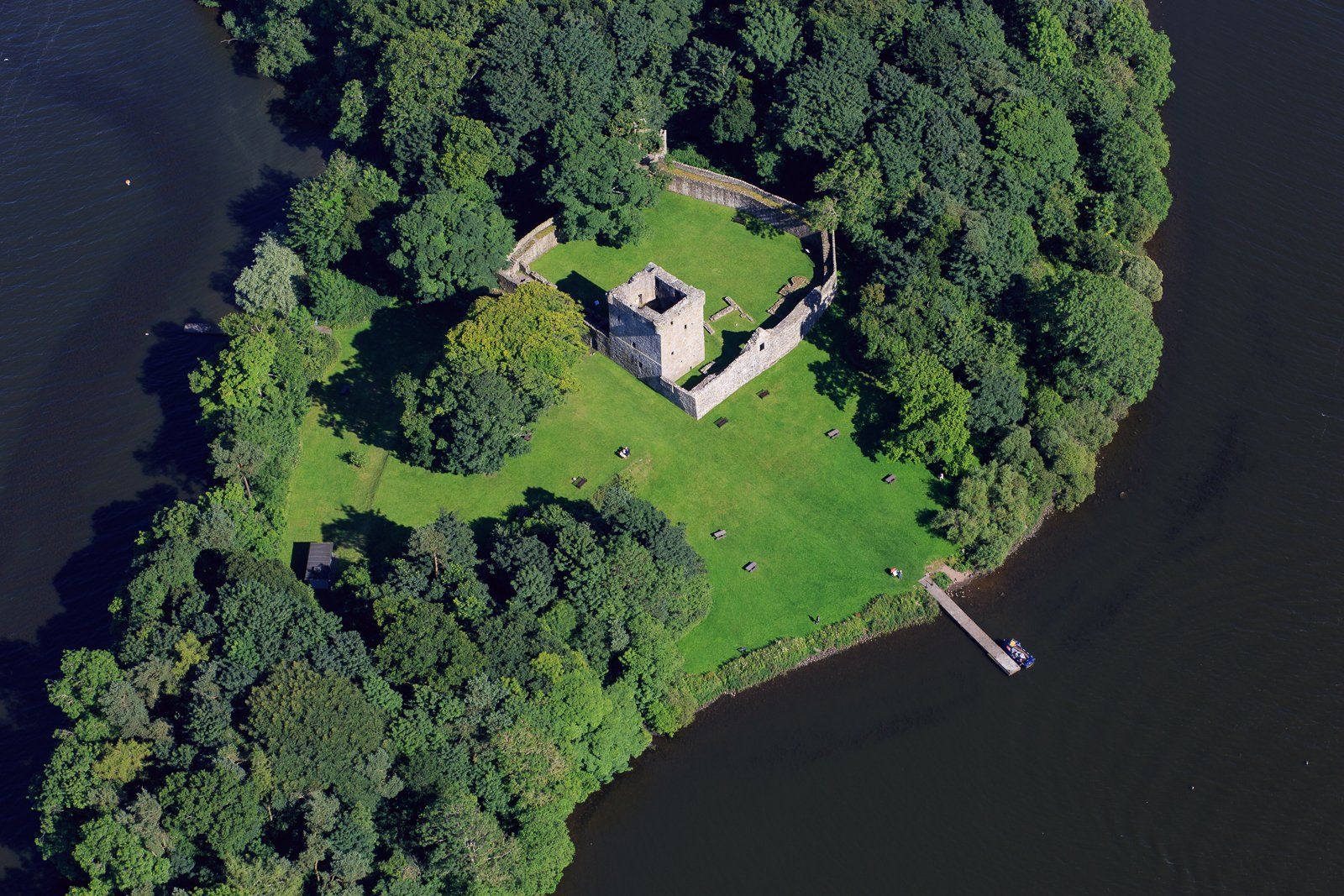 aerial shot, castle on island