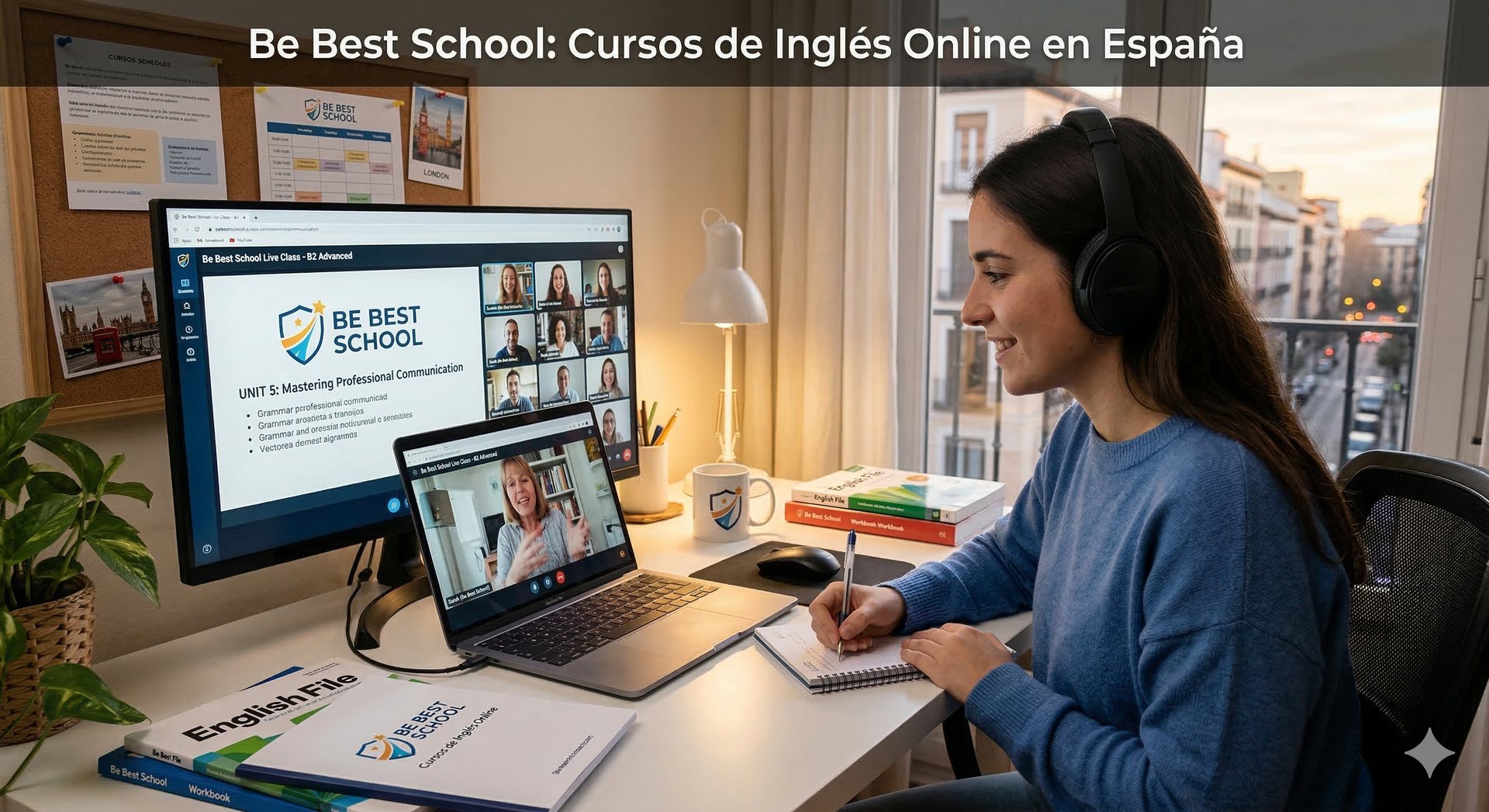 Estudiante joven en España asistiendo a una clase de inglés online de Be Best School desde su casa,