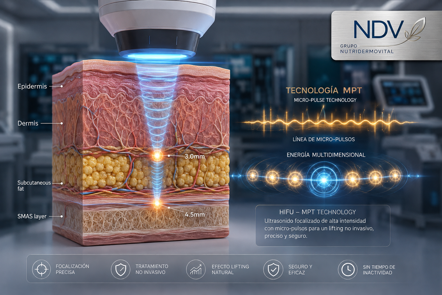 Infografía científica en 3D que muestra el funcionamiento del ultrasonido focalizado HIFU, HIFU 7D