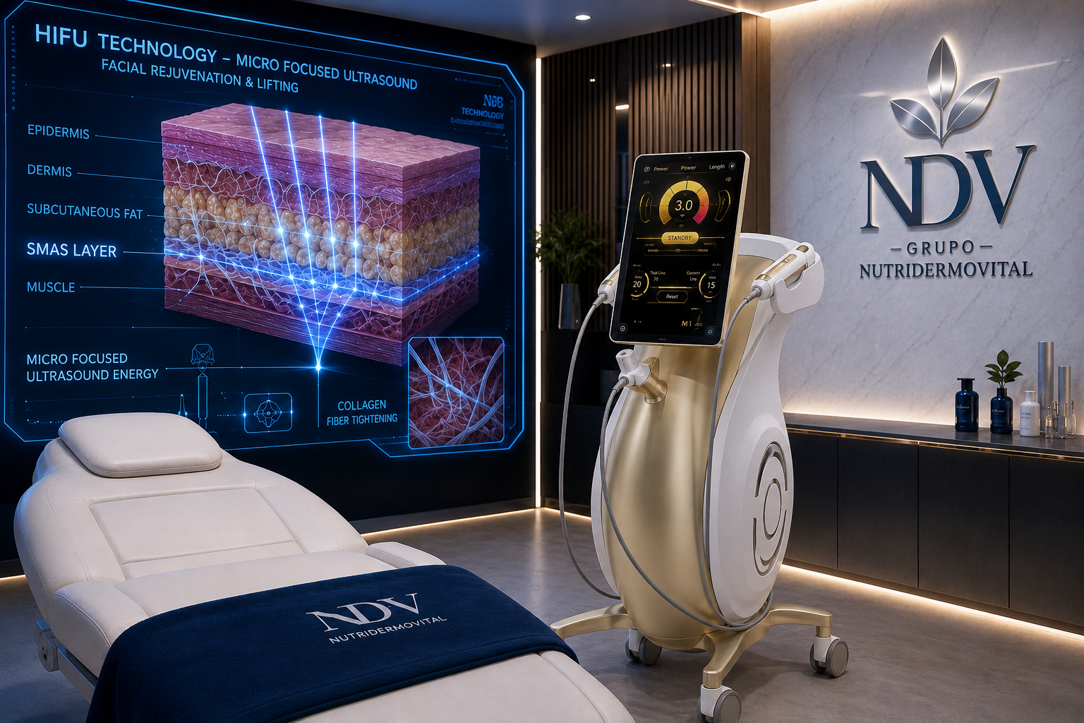 Equipo profesional de HIFU facial en clónica de estética avanzada con holograma didáctico del plano