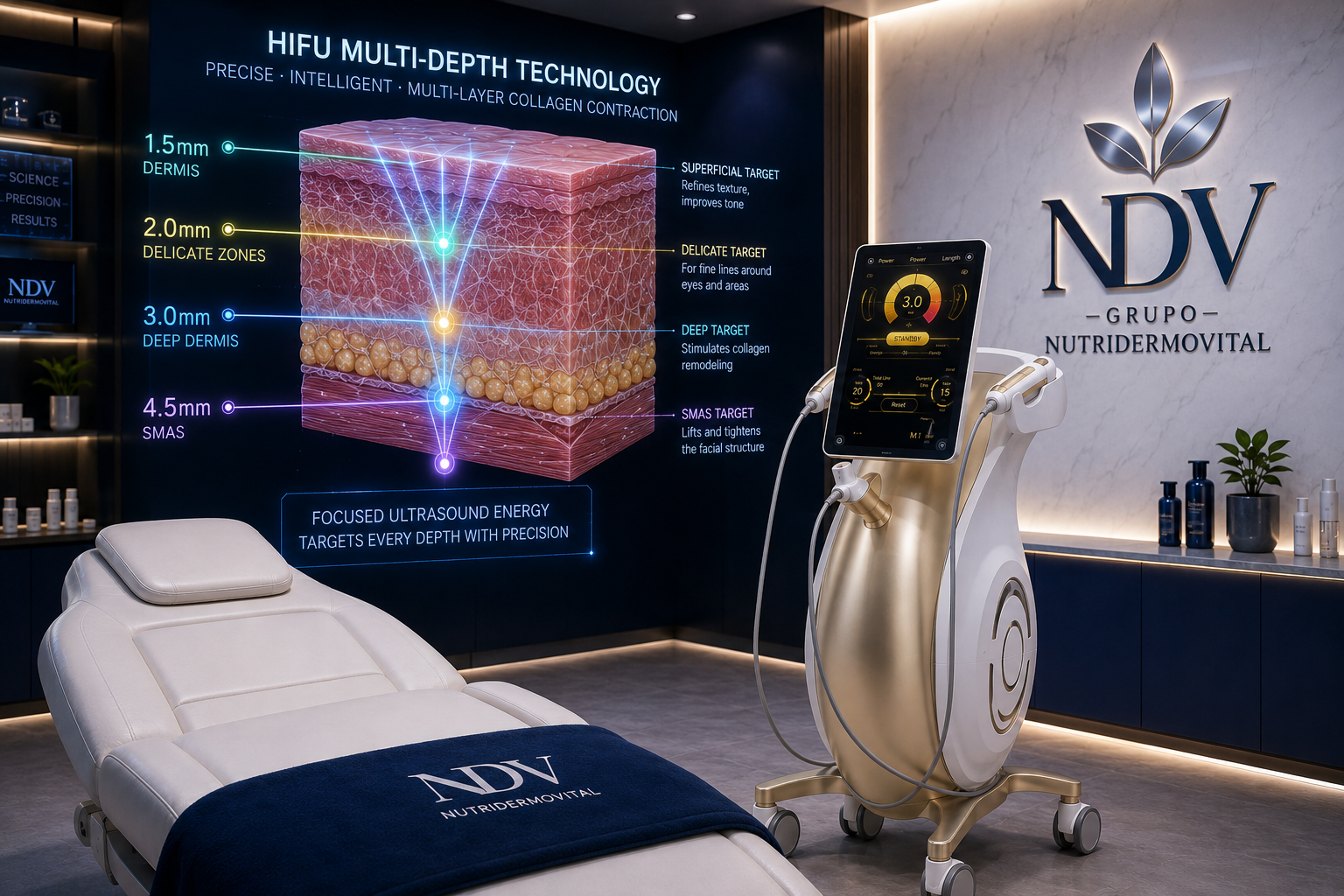 Diagrama de las capas de la piel y profundidades de los cartuchos HIFU de NutriDermoVital.