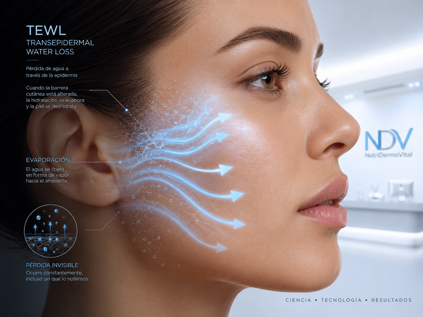 Modelo profesional de estética avanzada mostrando una piel hidratada y protegida
