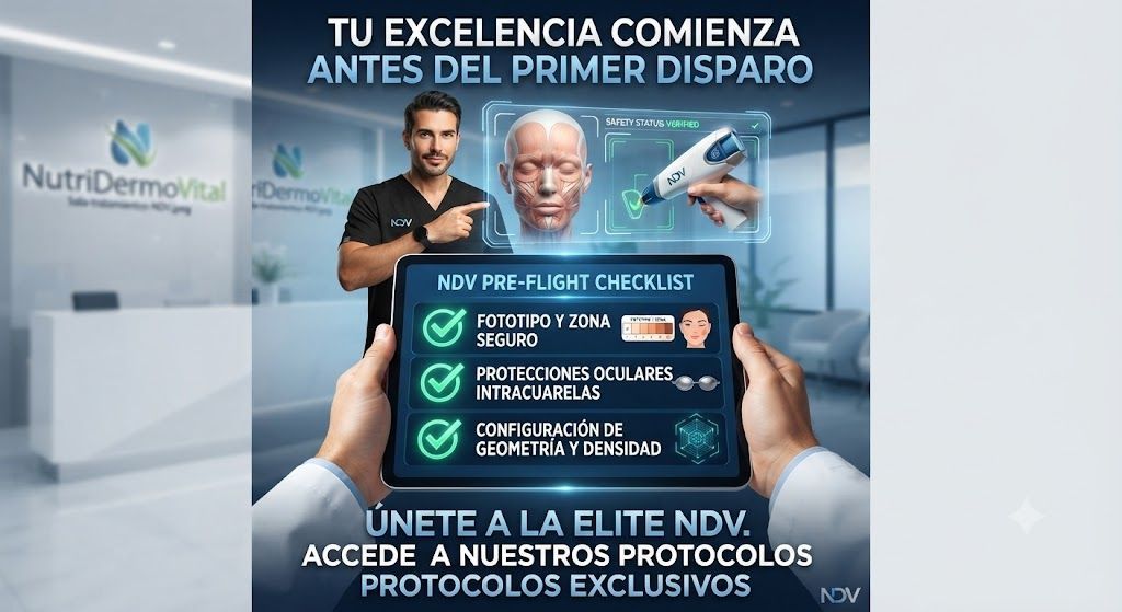 Juan, formador de NutriDermoVital, sostiene una tablet con el 'NDV Pre-Flight Checklist' que muestra