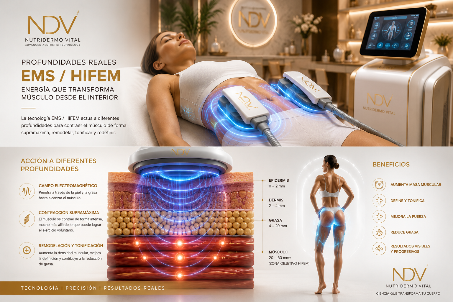 EMS, HIFEM, profundidad HIFEM, estimulación muscular electromagnética, remodelación corporal