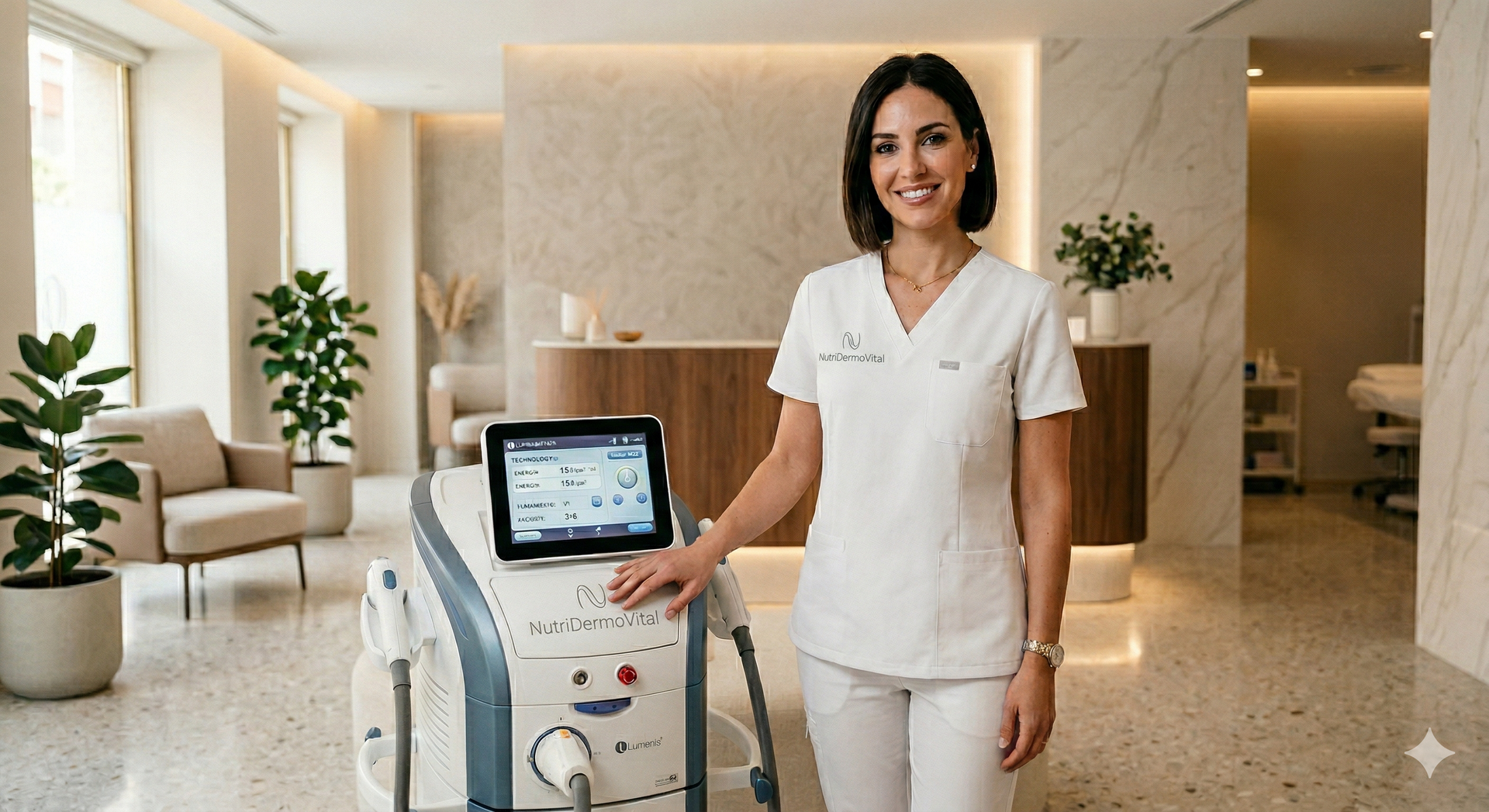 Especialista de la clínica NutriDermoVital mostrando el avanzado dispositivo médico-estético con pan