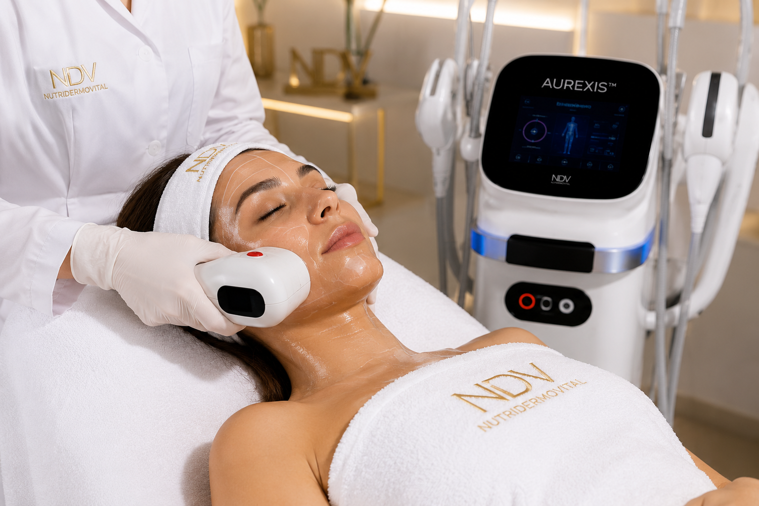 AUREXIS™ NDV realizando un tratamiento de remodelación corporal y rejuvenecimiento facial