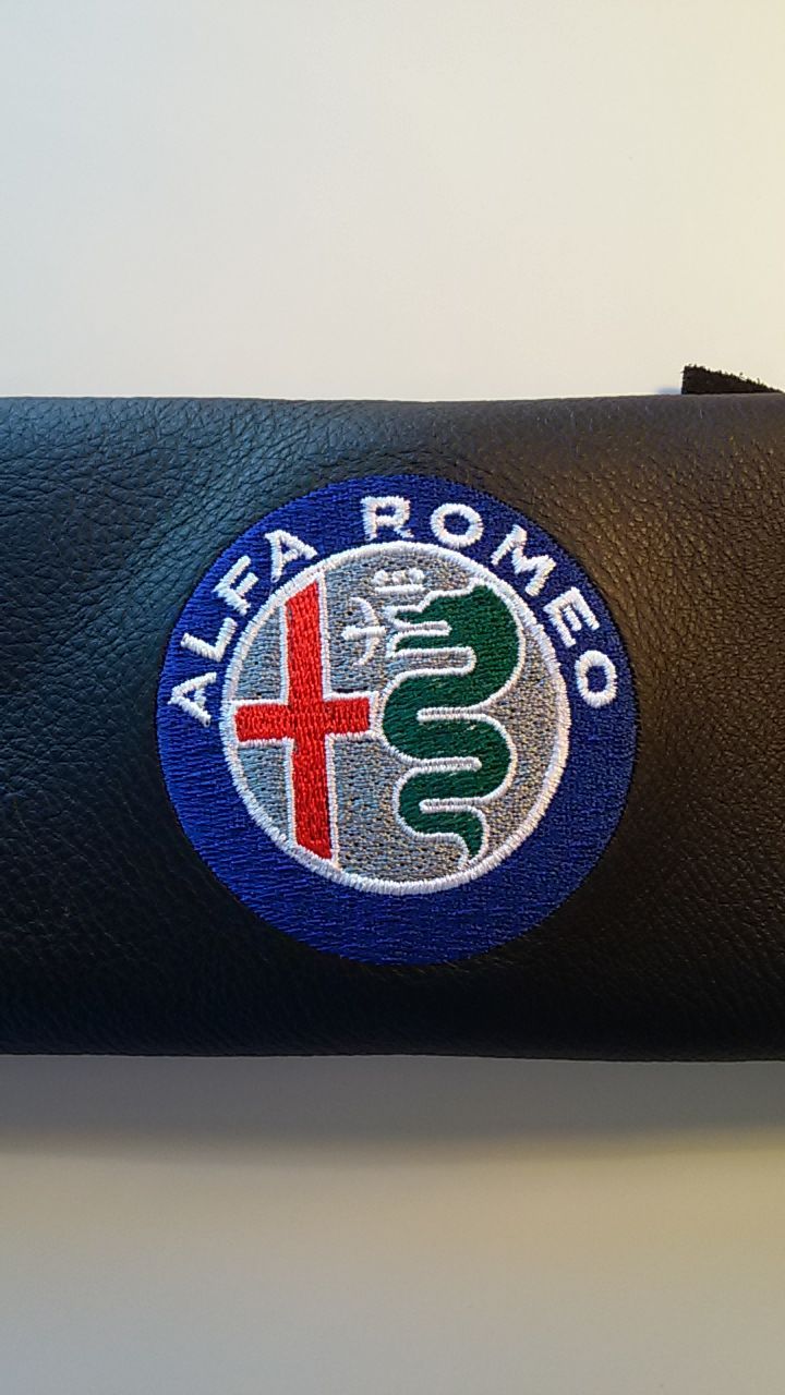 Alfa Romeo embroidered leather panel, sports car