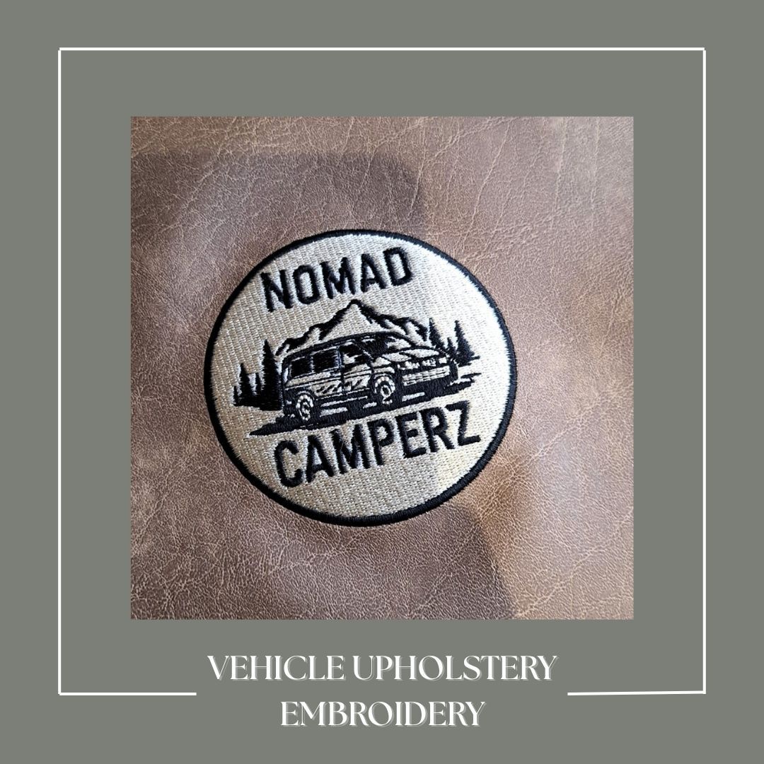 vehicle upholstery embroidery, car seat embroidery, vehicle branding, motorcycle embroidery, racecar seat embroidery